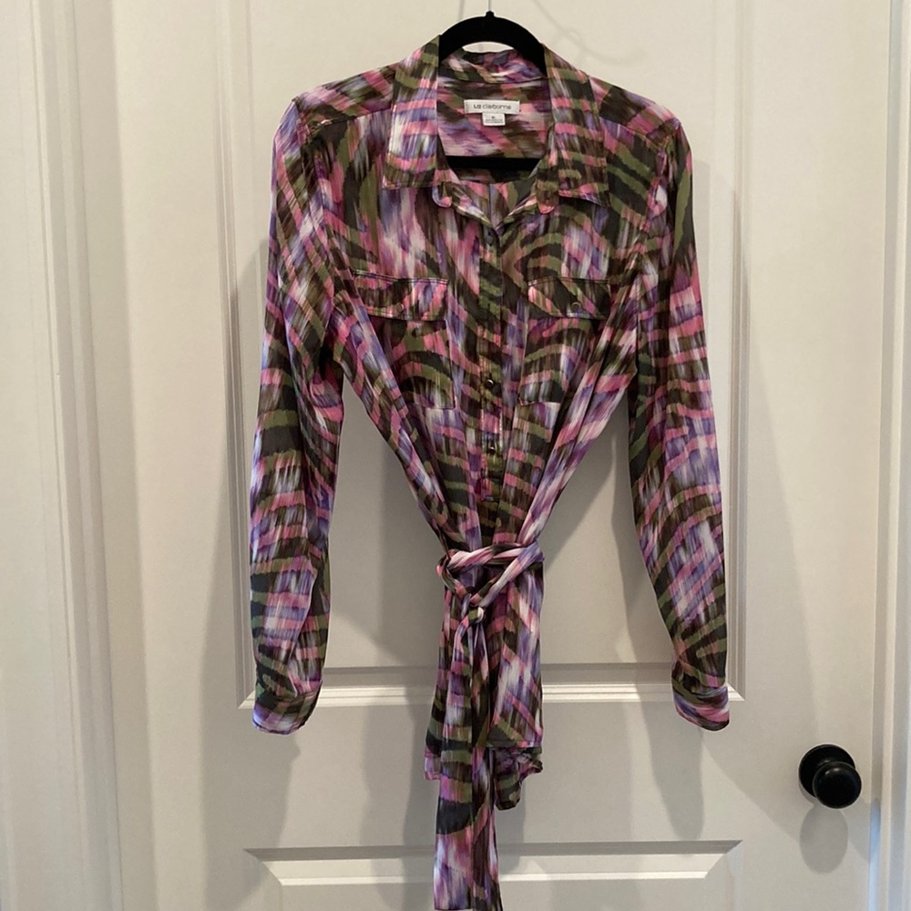 UEC Liz Claiborne Full Button Up and Tie at Waist Print Shirt XL